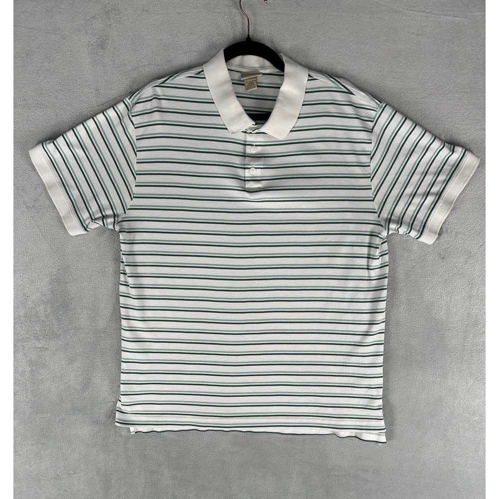 LL Bean Polo Shirt Mens Large White & Green Stripe Traditional Fit Cotton Casual
